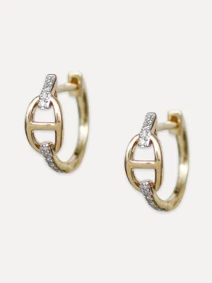 14K Diamond Anchor Link Huggie Hoops