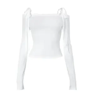 2000s Tops Y2k Autumn Aesthetic White T Shirt Women Bow Tie Off Shoulder Long Sleeve Crop Top Kawii Clothes P85-AI14