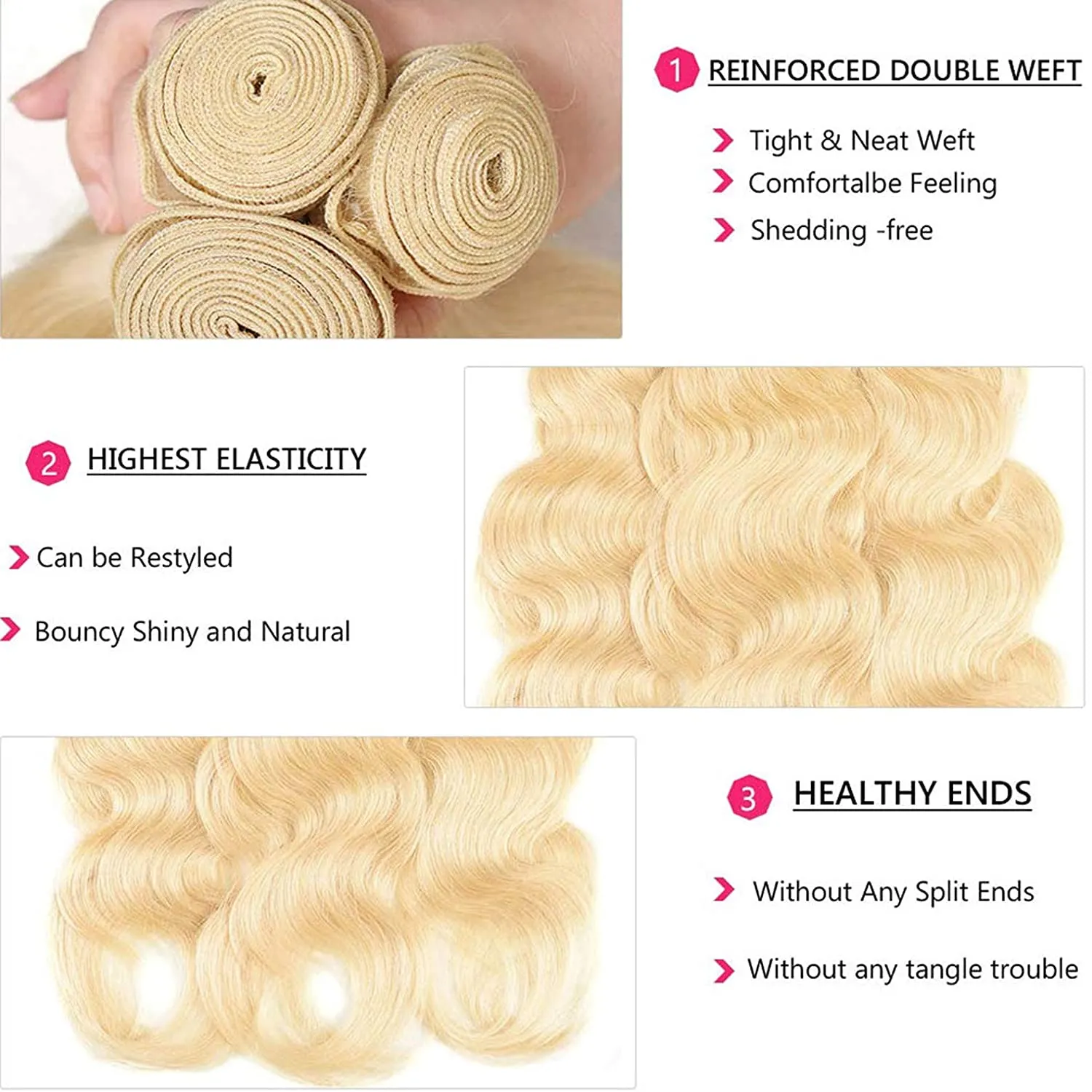 613 Bundles Body Wave Human Virgin Hair No Split & Full End Blonde Color Hair Bundles