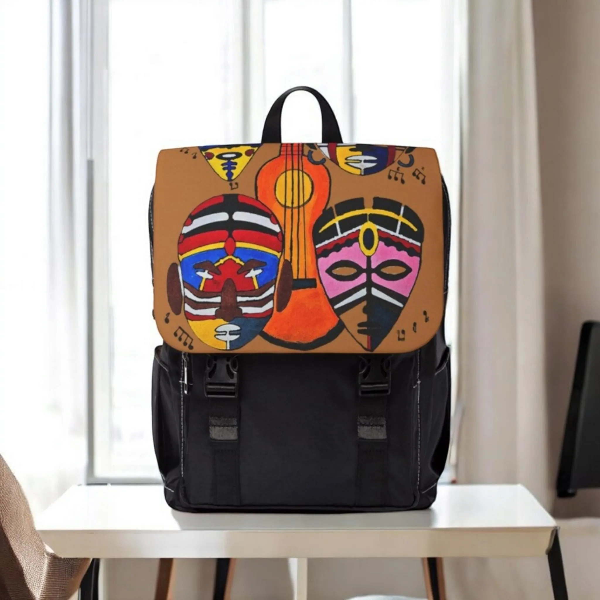 Afro Music Guitar Cartoon Backpack, Handcrafted Unisex Shoulder Bag, Music Lover Gift