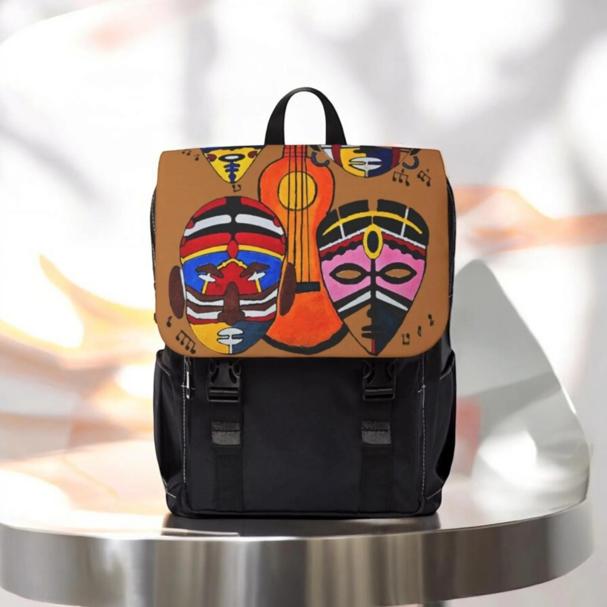 Afro Music Guitar Cartoon Backpack, Handcrafted Unisex Shoulder Bag, Music Lover Gift