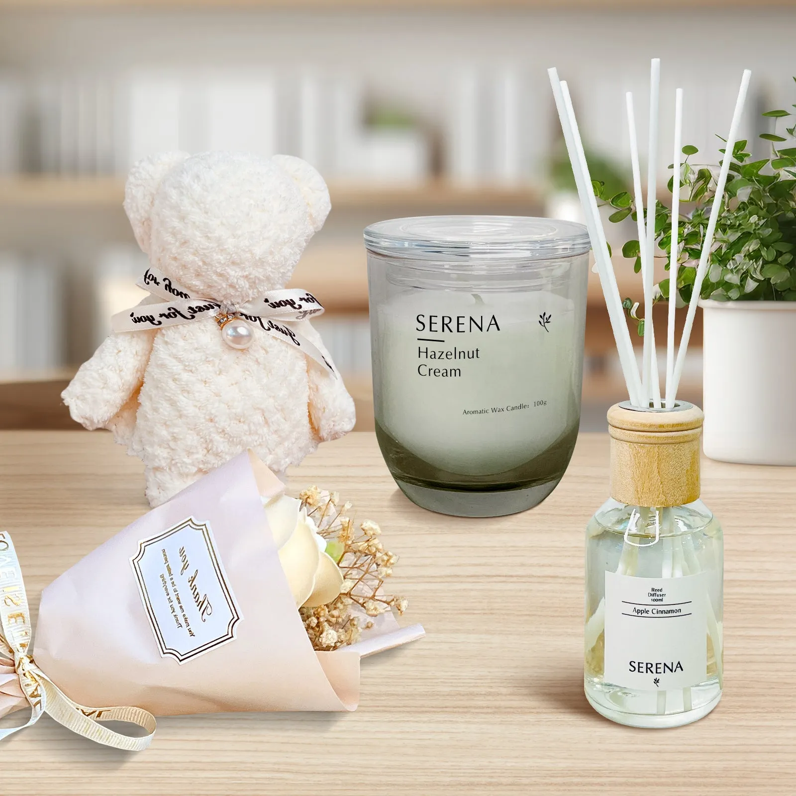 All-in-One Suitcase Gift Basket with Jar Candle, Teddy Bear Towel & Floral Soap Keepsakes