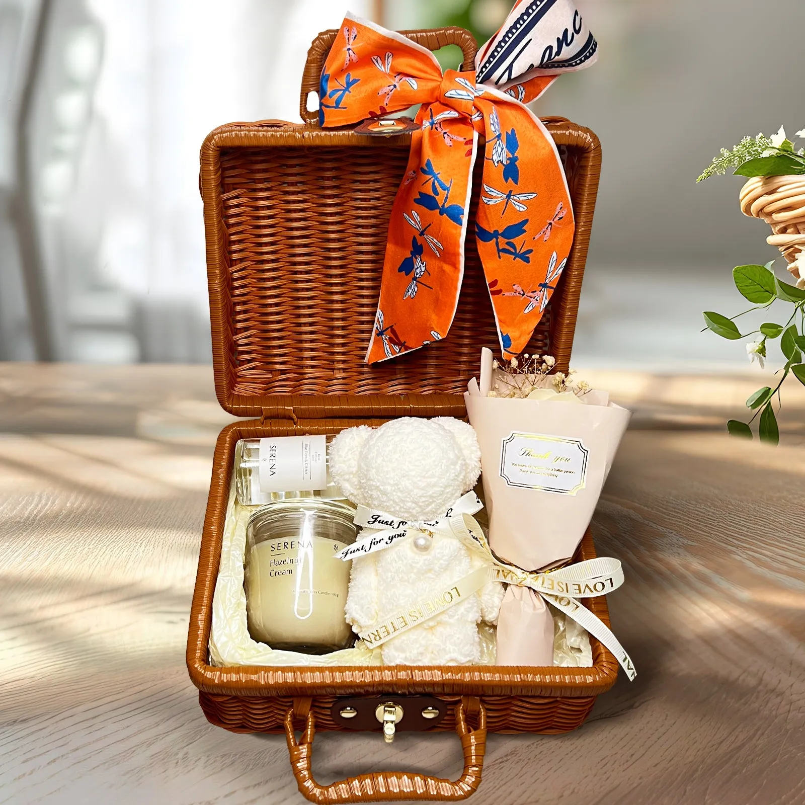 All-in-One Suitcase Gift Basket with Jar Candle, Teddy Bear Towel & Floral Soap Keepsakes