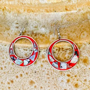 Alpaca Silver Signed Mexico Abalone Shell Red Retro Circle Pierced Drop Earrings