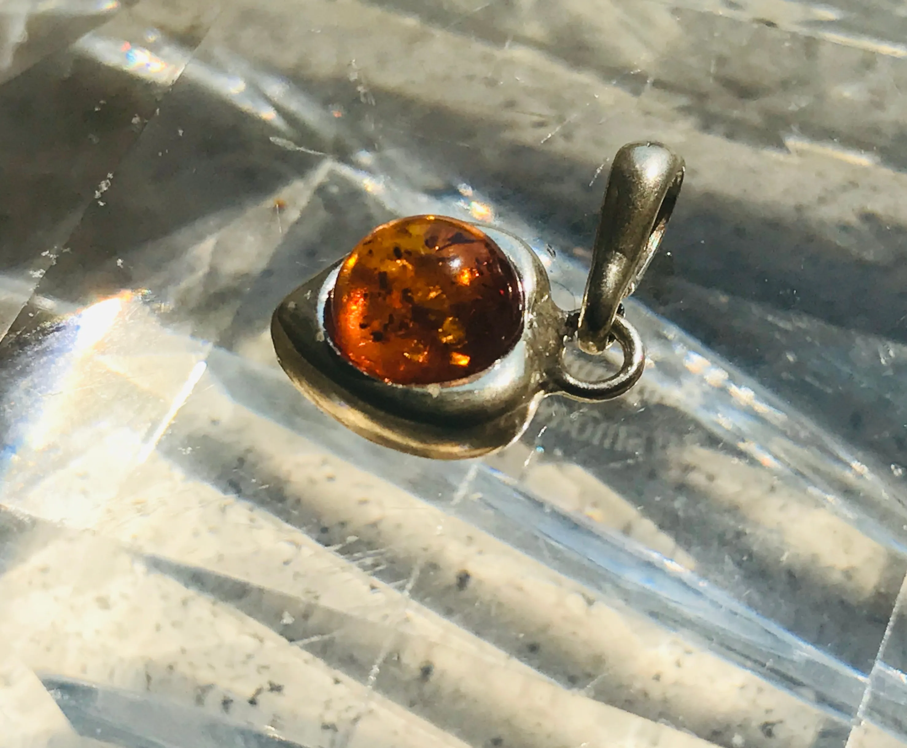 Antique Sterling Silver 925 Dainty Amber Stone Charm Pendant