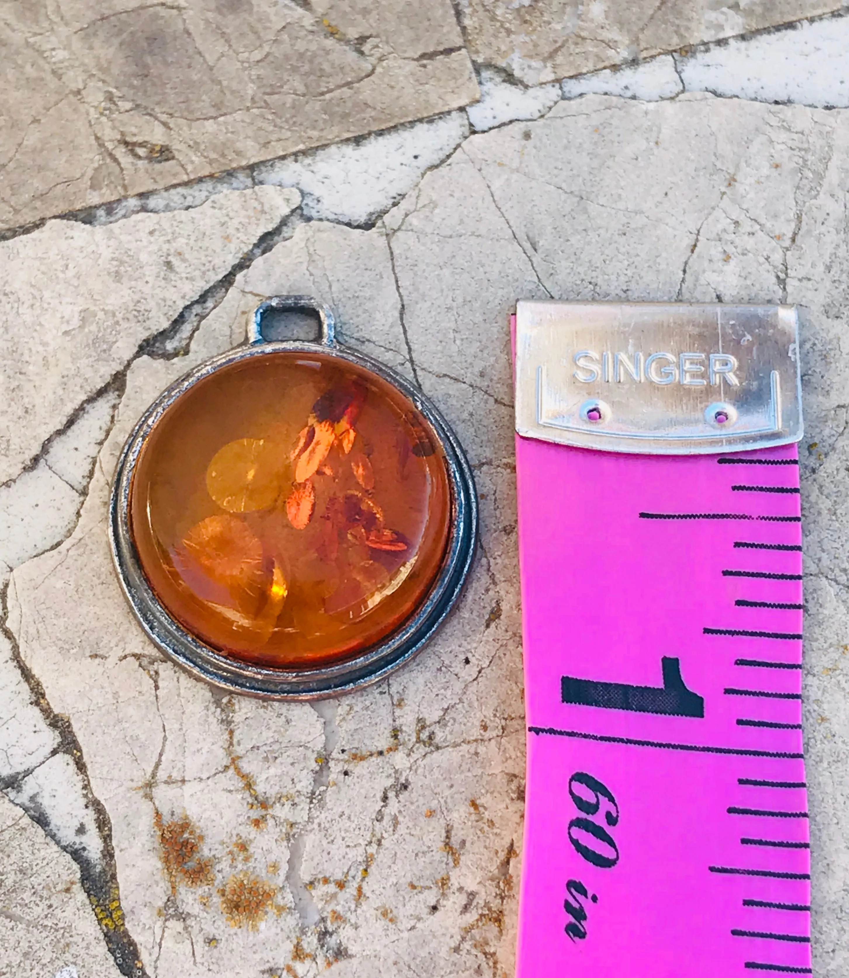 Antique Sterling Silver 925 Genuine Amber Round Circular Charm Pendant
