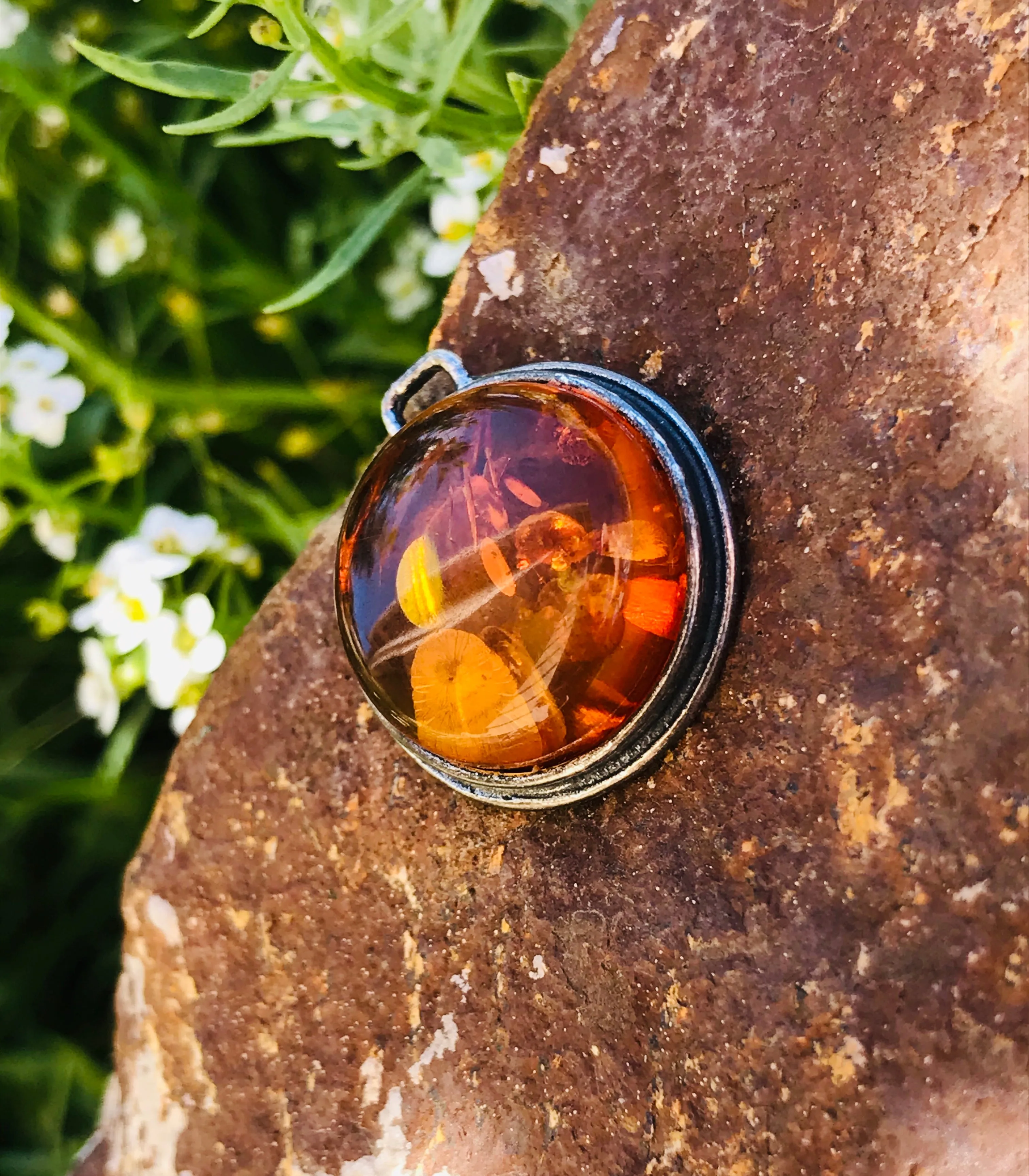Antique Sterling Silver 925 Genuine Amber Round Circular Charm Pendant