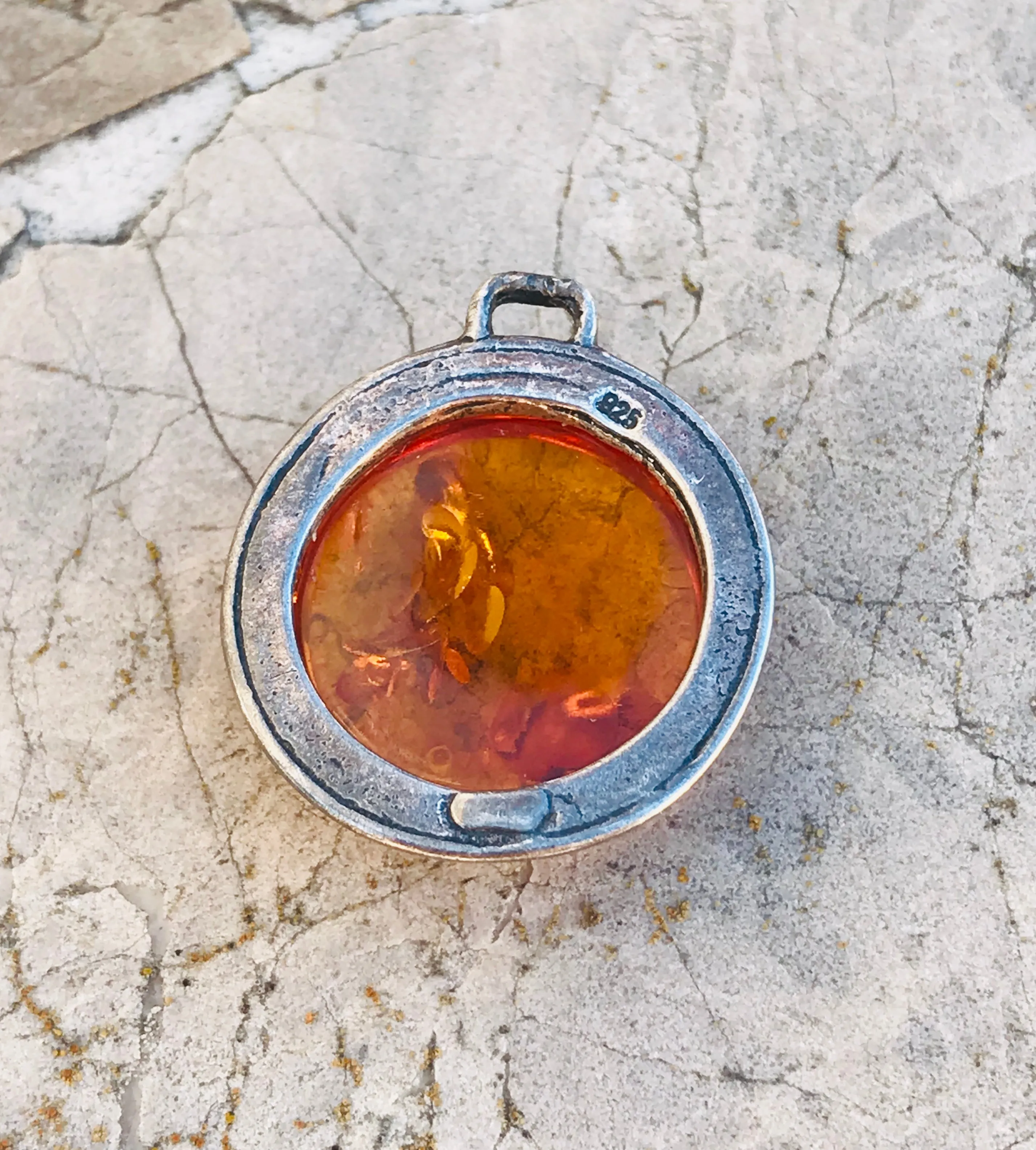 Antique Sterling Silver 925 Genuine Amber Round Circular Charm Pendant
