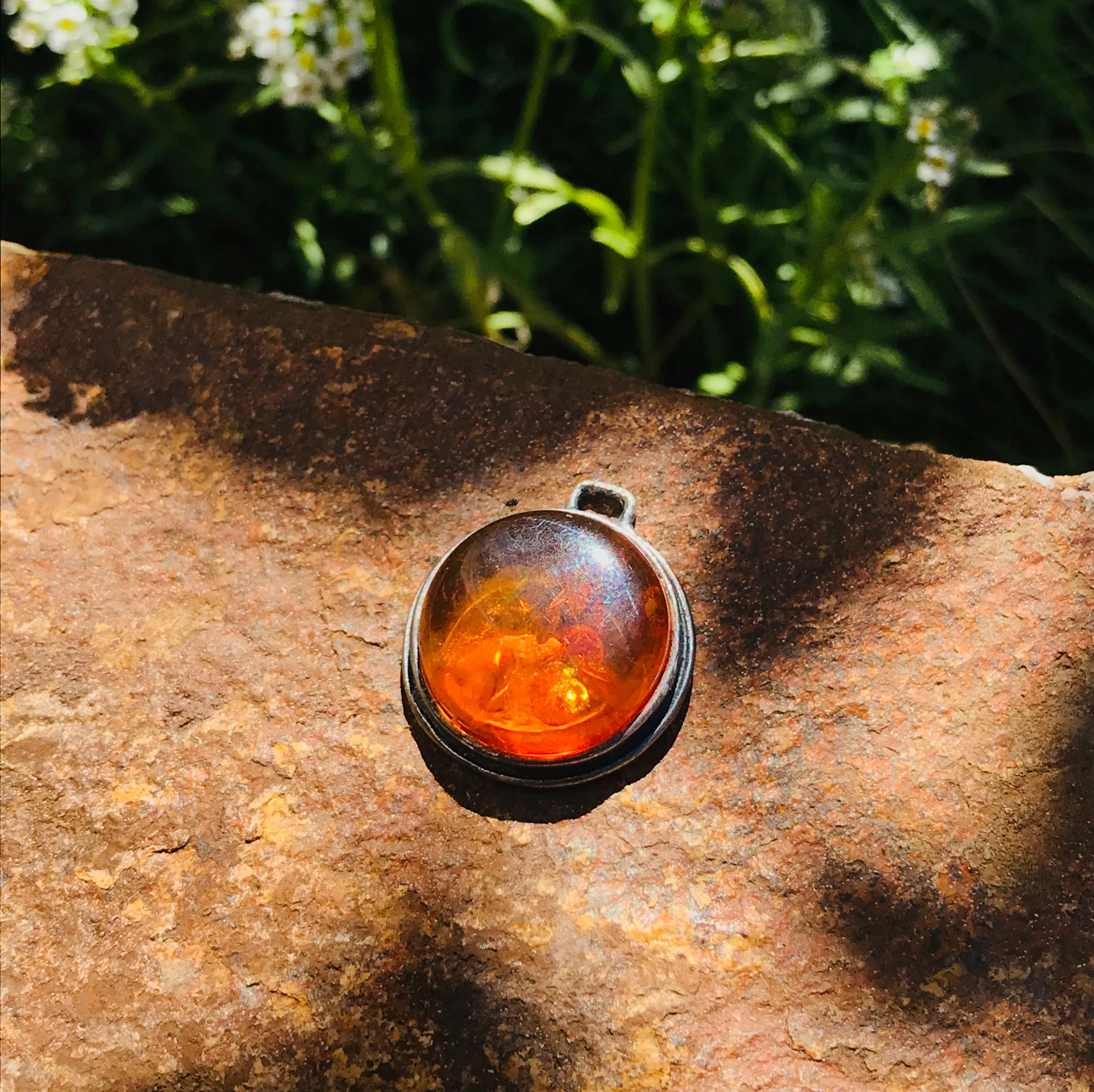 Antique Sterling Silver 925 Genuine Amber Round Circular Charm Pendant