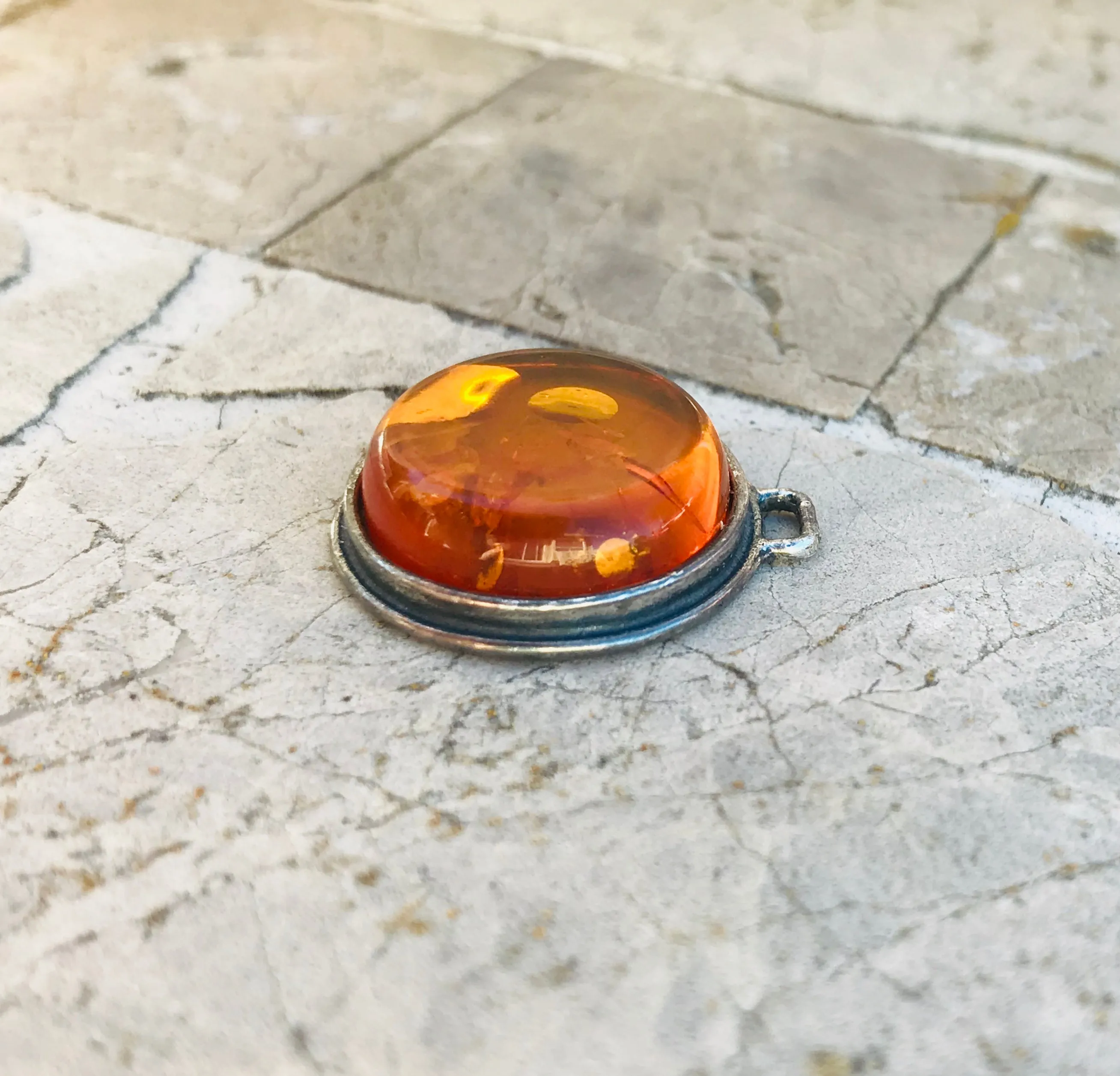 Antique Sterling Silver 925 Genuine Amber Round Circular Charm Pendant