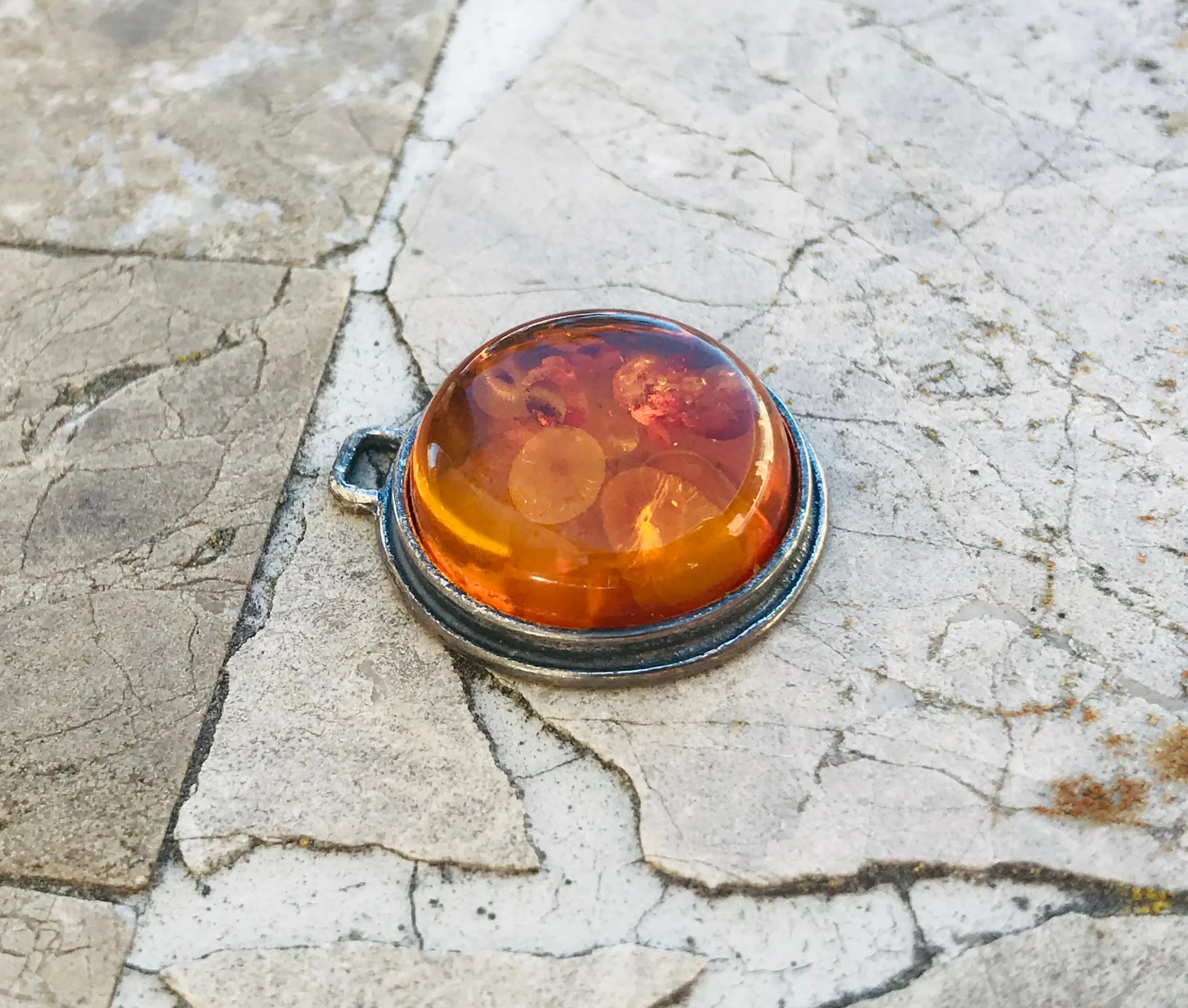 Antique Sterling Silver 925 Genuine Amber Round Circular Charm Pendant