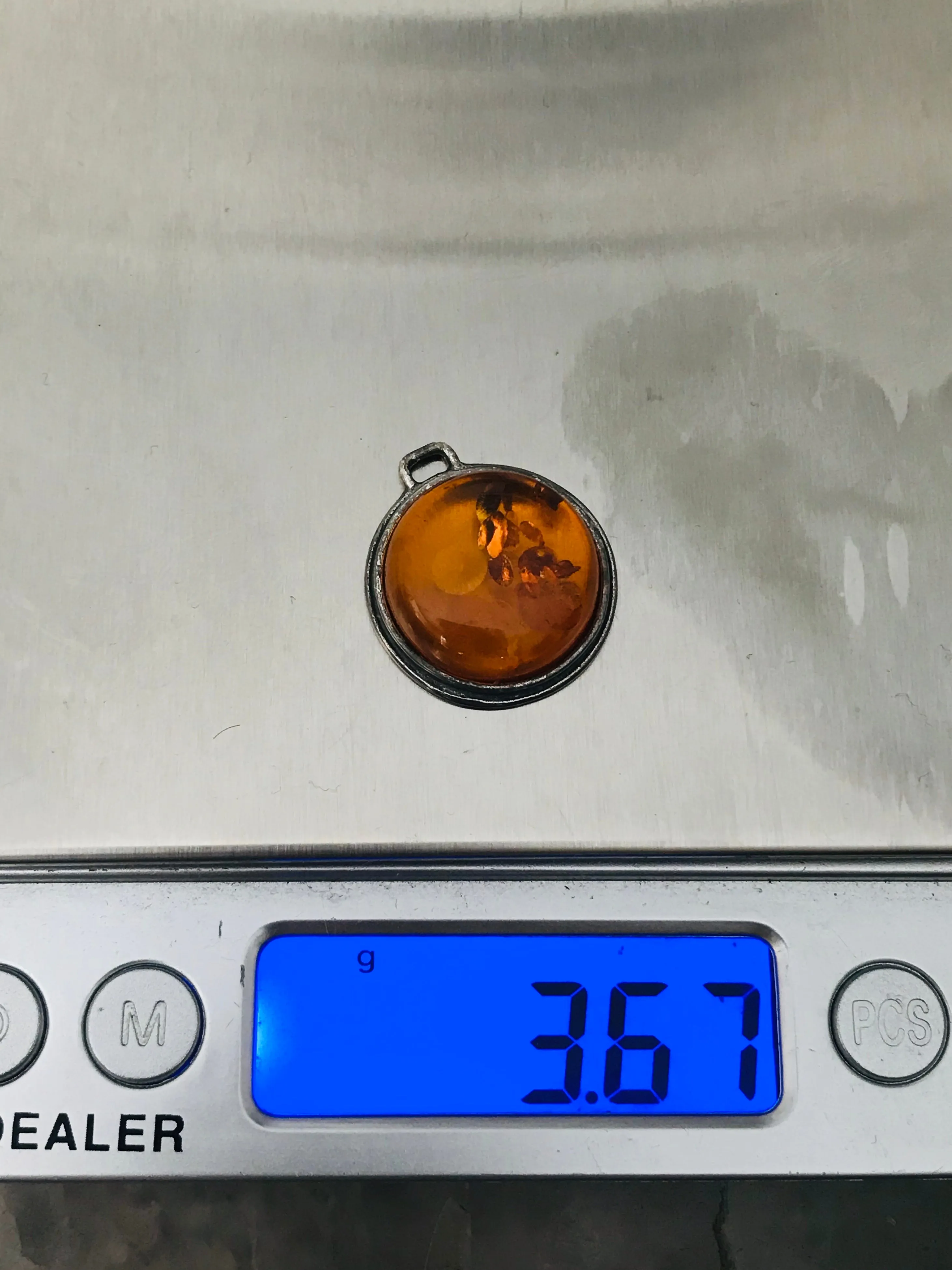Antique Sterling Silver 925 Genuine Amber Round Circular Charm Pendant