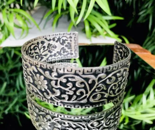 Antique Sterling Silver Floral Repoussé Cuff Open Bangle Bracelet