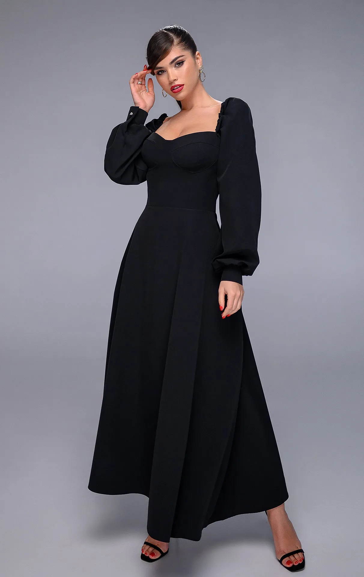Black Puff-Sleeve Midi Dress