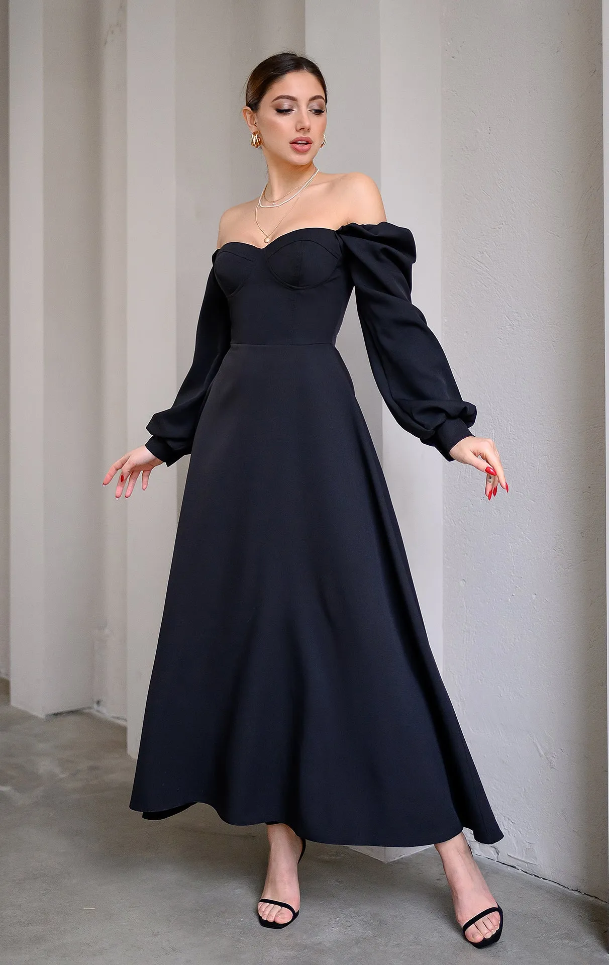 Black Puff-Sleeve Midi Dress
