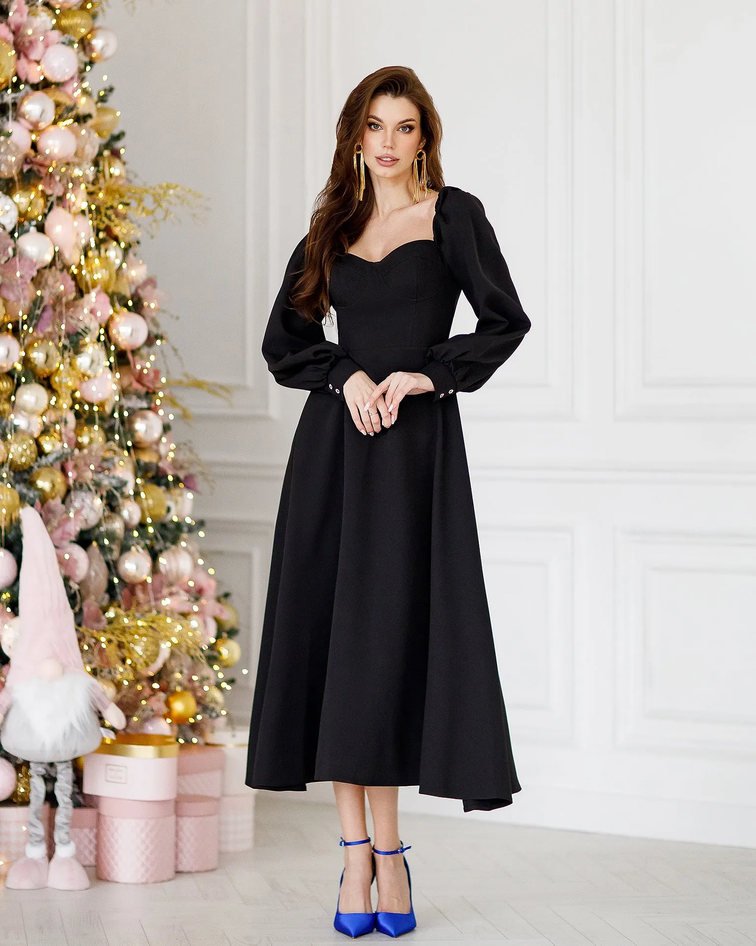 Black Puff-Sleeve Midi Dress