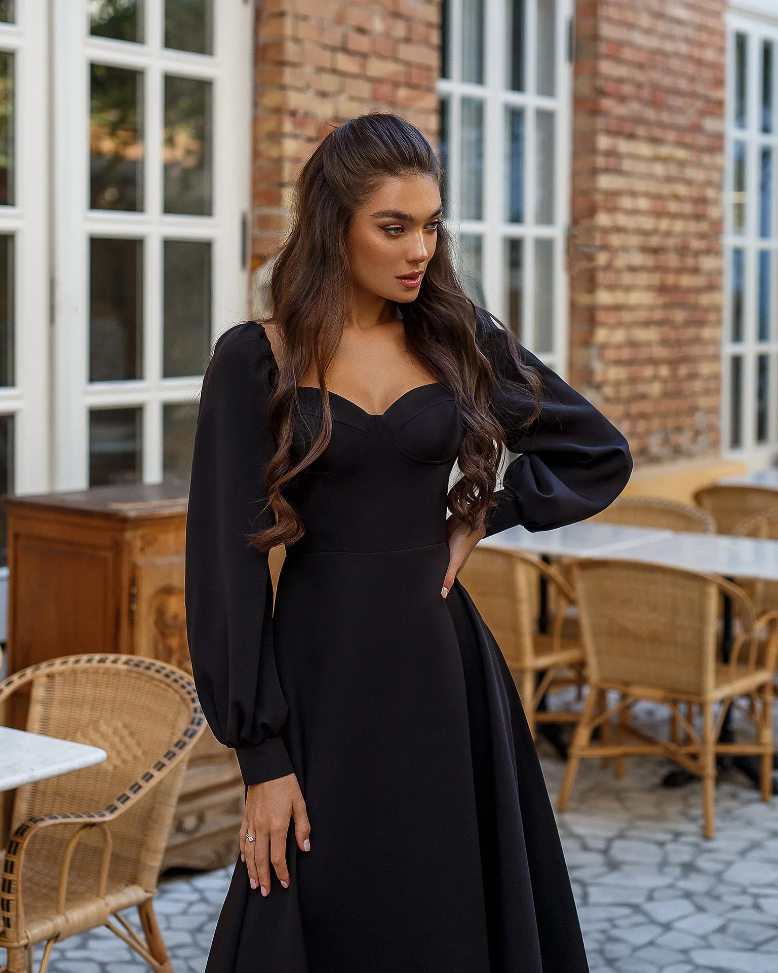 Black Puff-Sleeve Midi Dress