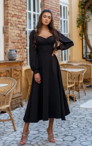 Black Puff-Sleeve Midi Dress