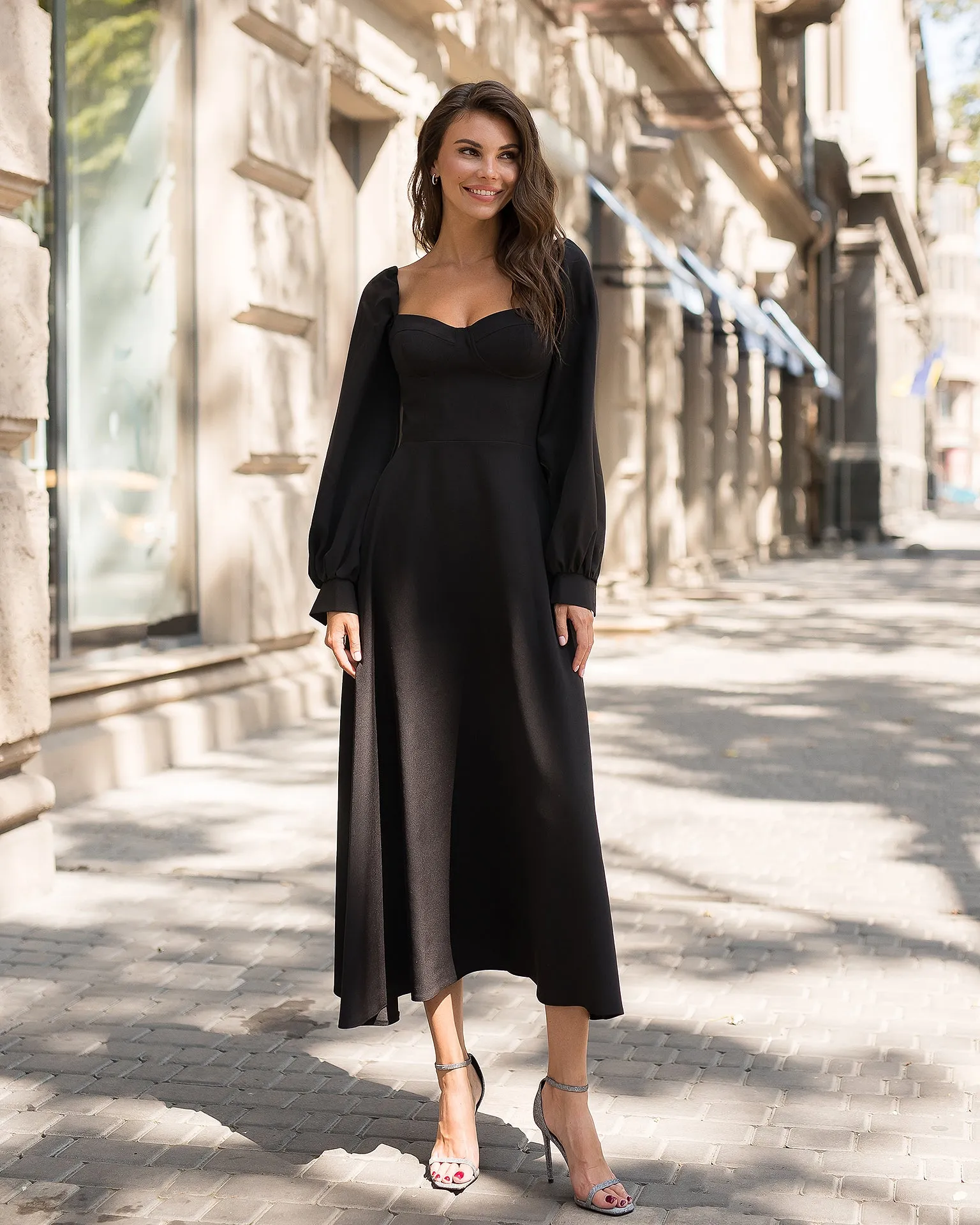 Black Puff-Sleeve Midi Dress
