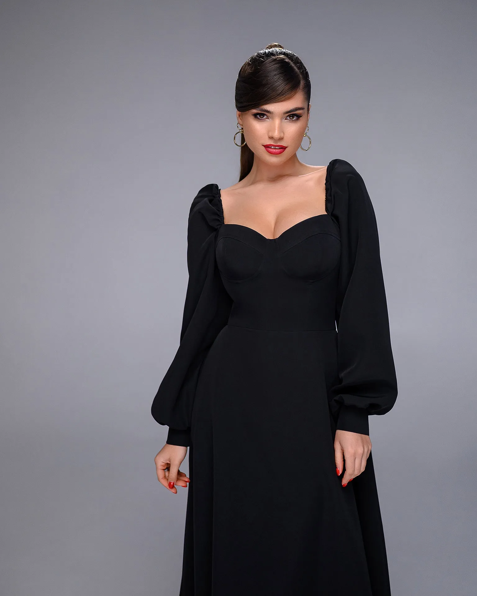 Black Puff-Sleeve Midi Dress