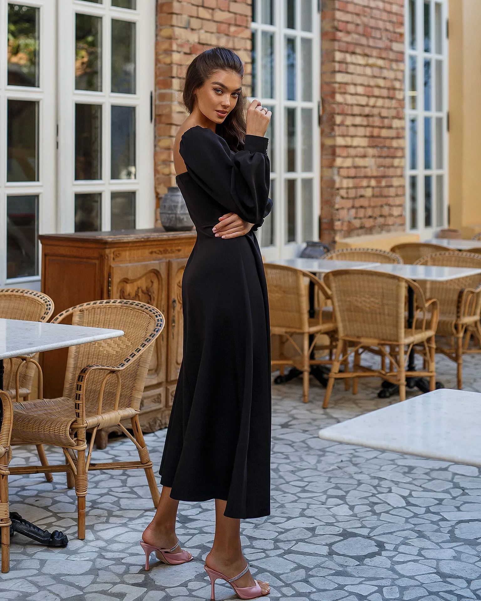 Black Puff-Sleeve Midi Dress