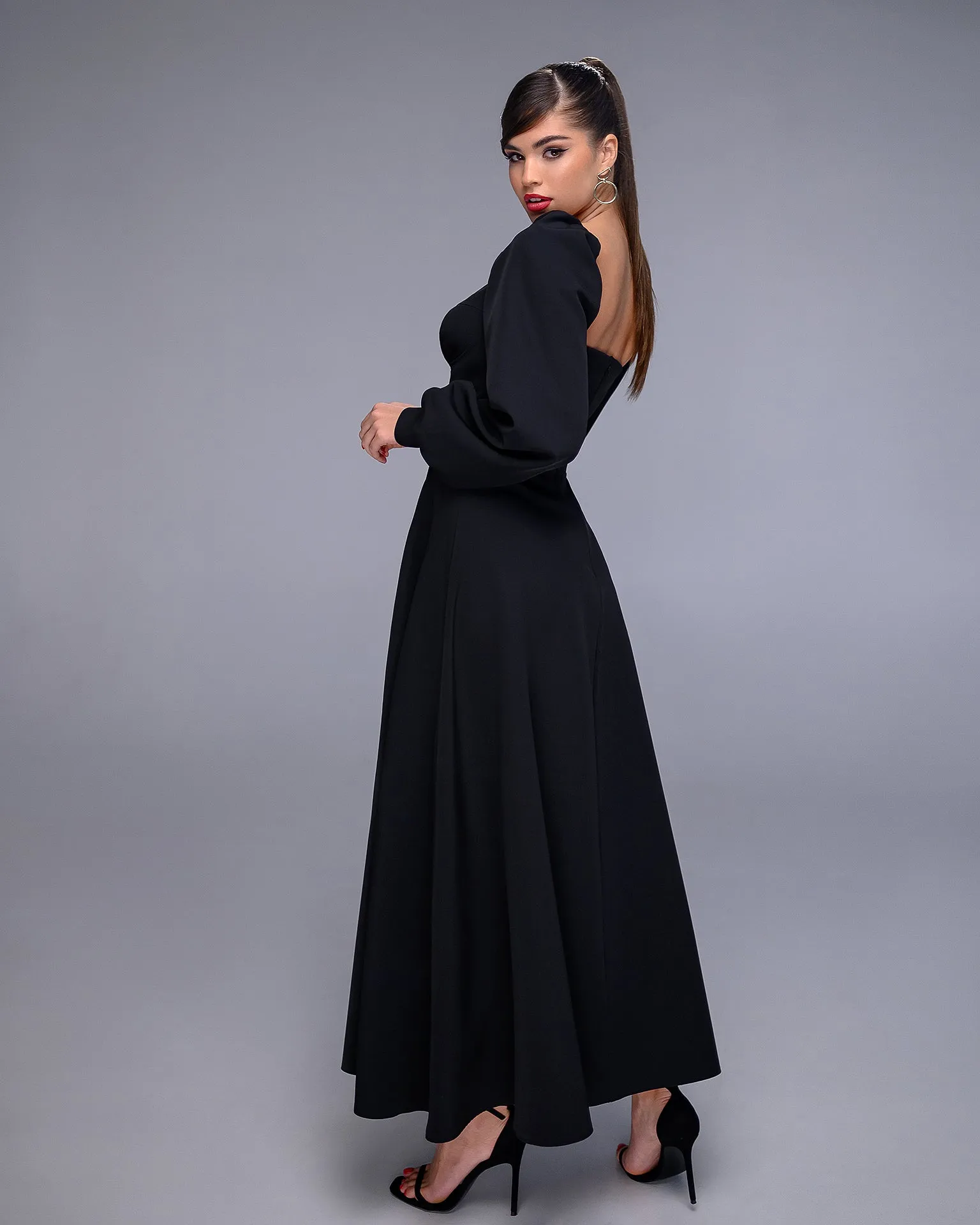 Black Puff-Sleeve Midi Dress