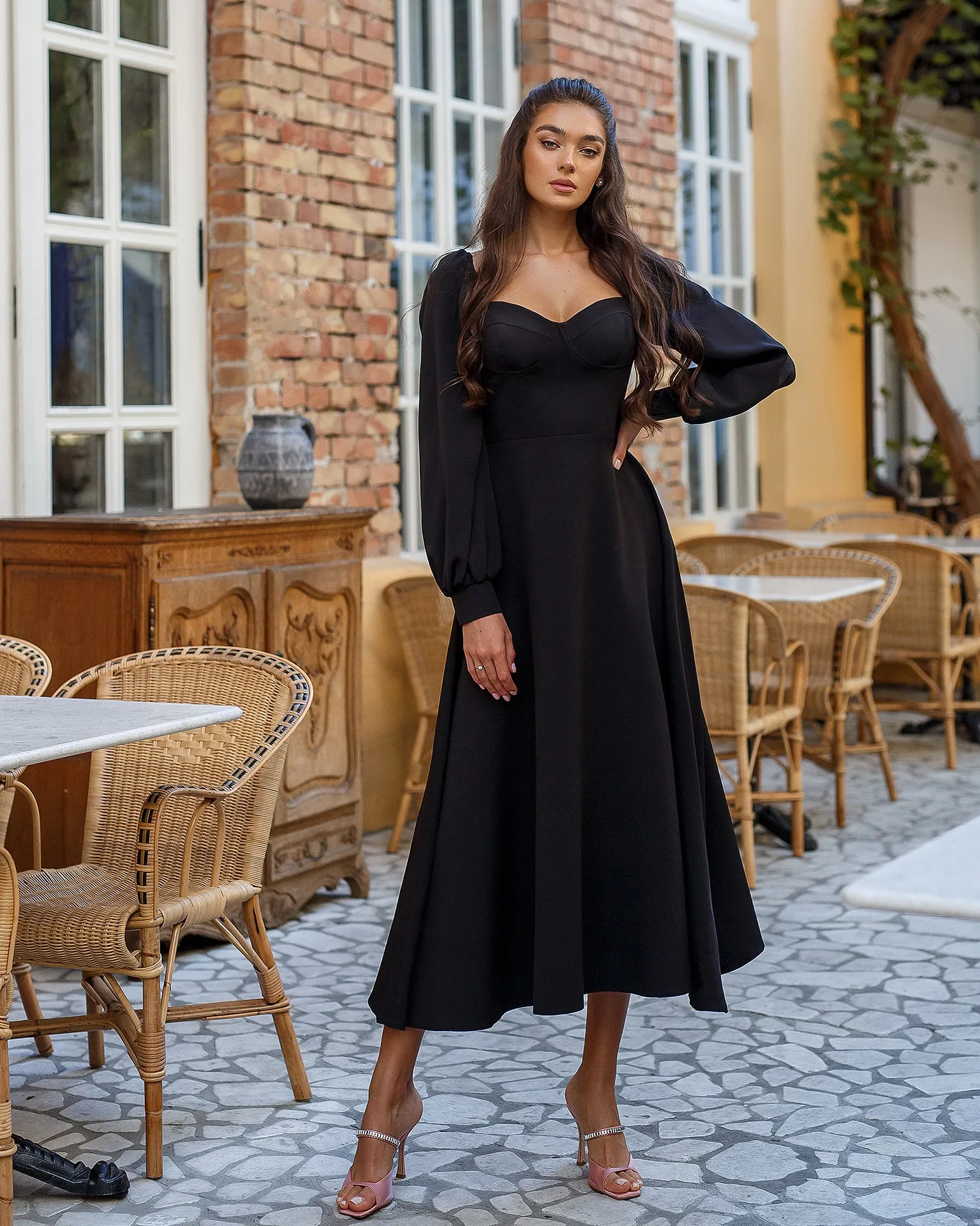 Black Puff-Sleeve Midi Dress