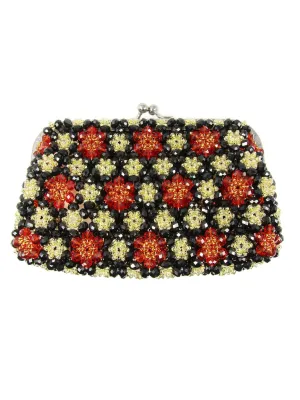 Black, Red and Gold-tone Multicolor Beaded Handbag