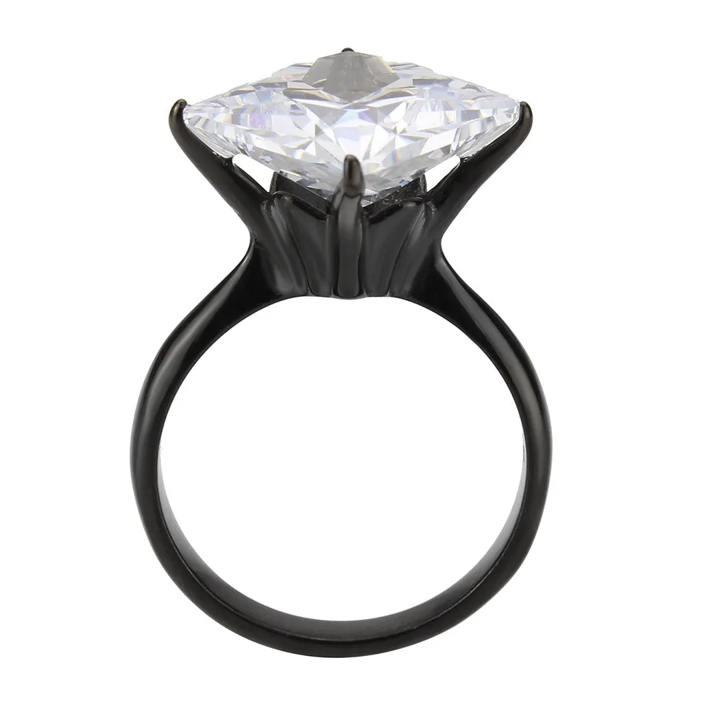 Black Stainless Steel Ring with AAA Grade CZ in Clear for Women Style TK3736