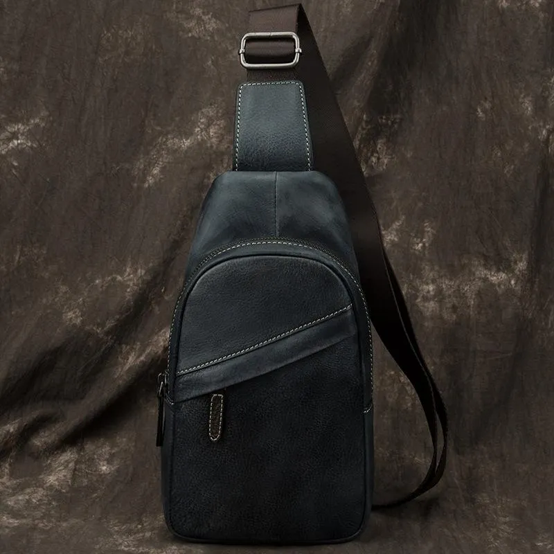 Blue Leather Mens Sling Bag Sling Backpack Brown Chest Bag Sling Shoulder Bag Sling Pack For Men