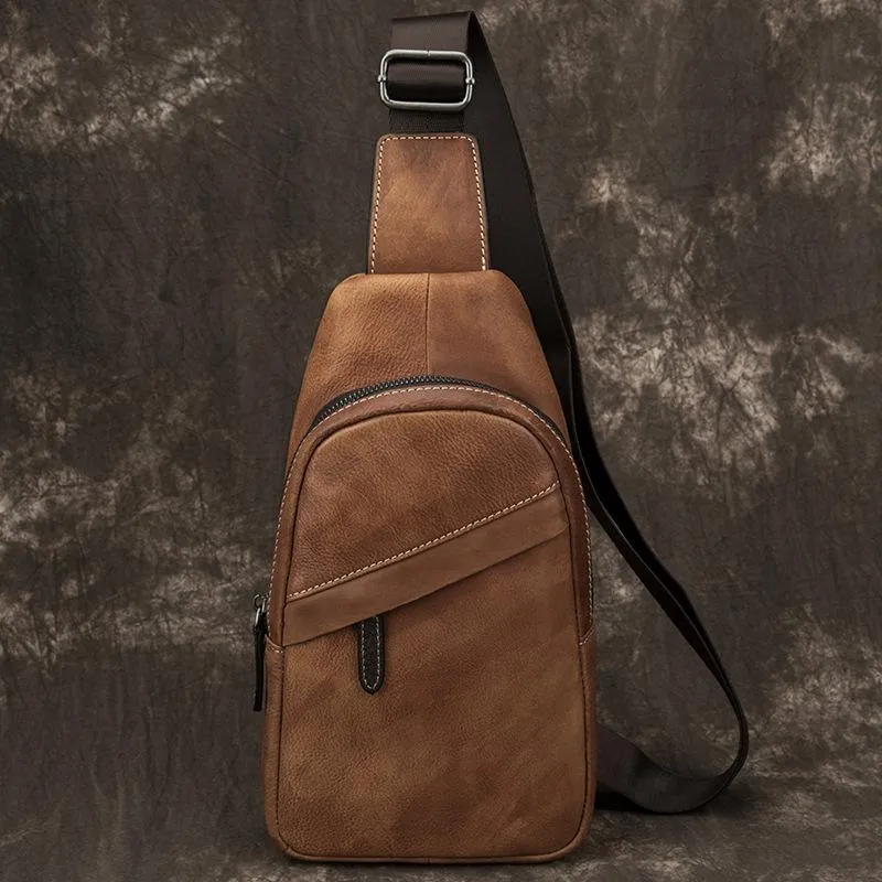 Blue Leather Mens Sling Bag Sling Backpack Brown Chest Bag Sling Shoulder Bag Sling Pack For Men