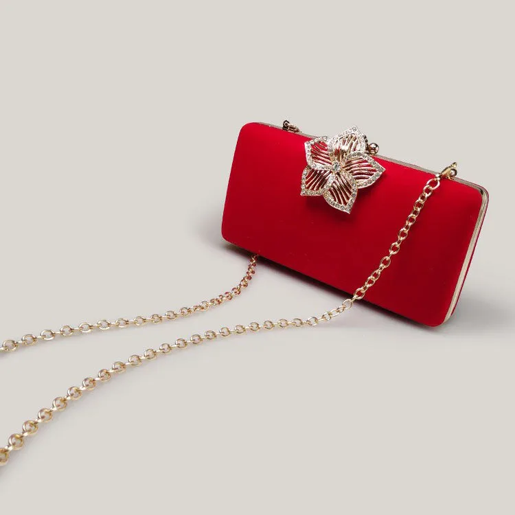 Bridal Evening Diamond Red Velvet Square Hand Bag