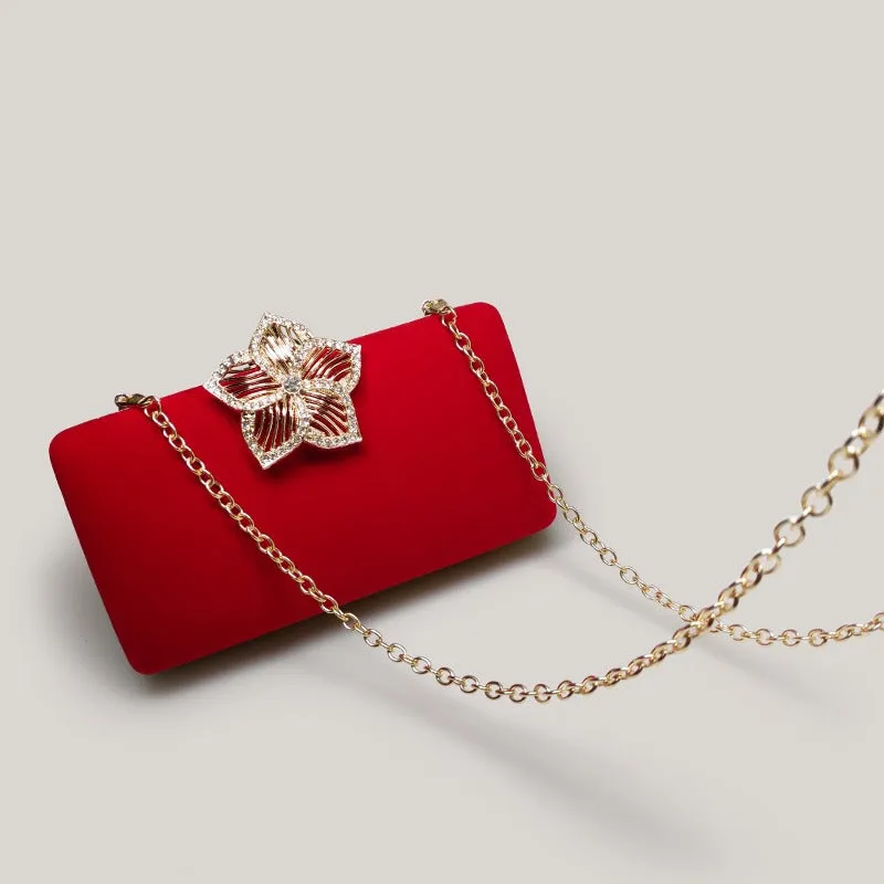Bridal Evening Diamond Red Velvet Square Hand Bag