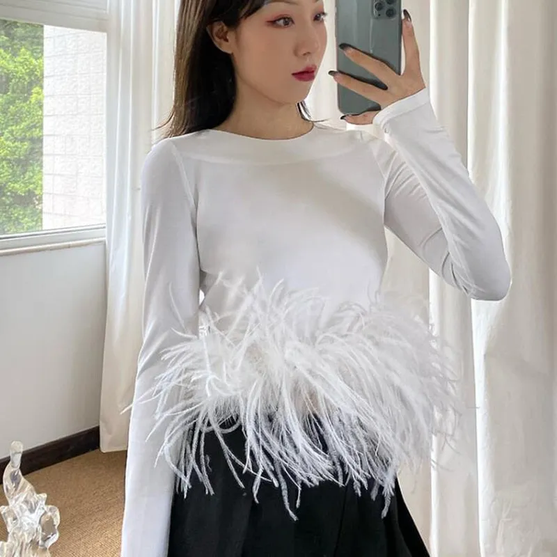 Casual Plain T Shirt For Women Round Neck Loose Long Sleeve Patchwork Feathers Pullovers Female Spring Clothes