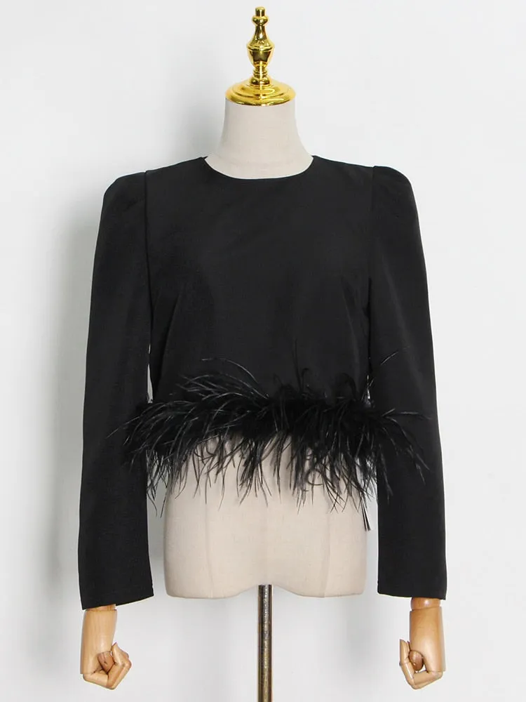 Casual Plain T Shirt For Women Round Neck Loose Long Sleeve Patchwork Feathers Pullovers Female Spring Clothes