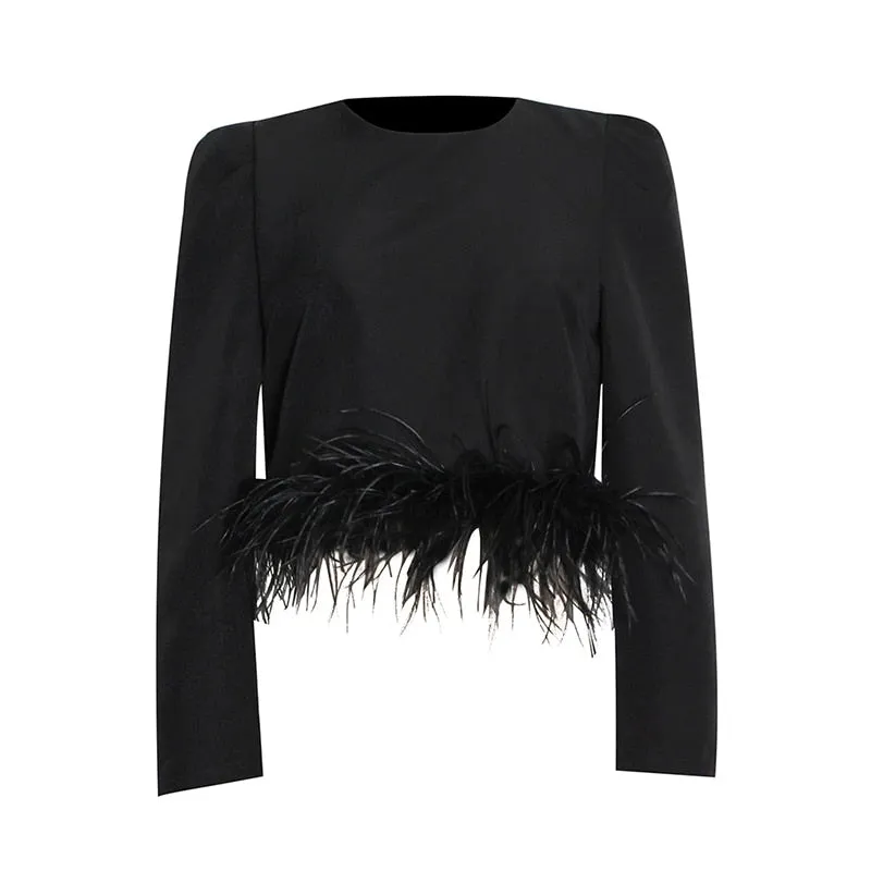 Casual Plain T Shirt For Women Round Neck Loose Long Sleeve Patchwork Feathers Pullovers Female Spring Clothes
