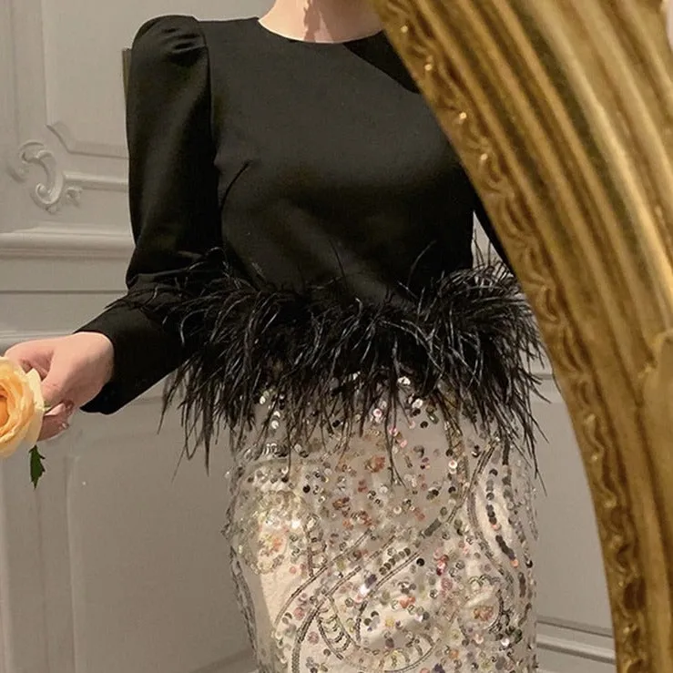Casual Plain T Shirt For Women Round Neck Loose Long Sleeve Patchwork Feathers Pullovers Female Spring Clothes