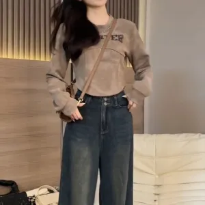 Chain Vintage O-neck Chic Women's T-shirts American Style Sexy Long Sleeve Fashion Female Streetwear O-neck Casual Blouse