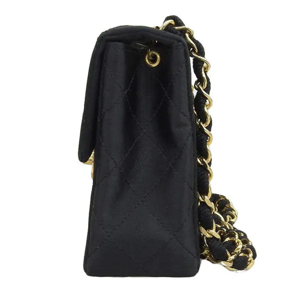 CHANEL Around 1985 Made Silk Satin Classic Flap Chain Bag Mini Black