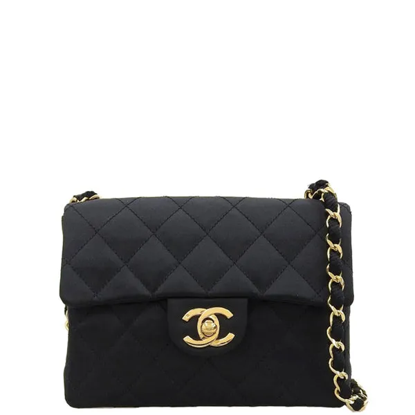 CHANEL Around 1985 Made Silk Satin Classic Flap Chain Bag Mini Black