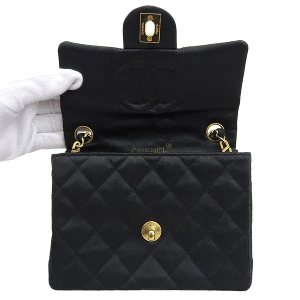 CHANEL Around 1985 Made Silk Satin Classic Flap Chain Bag Mini Black