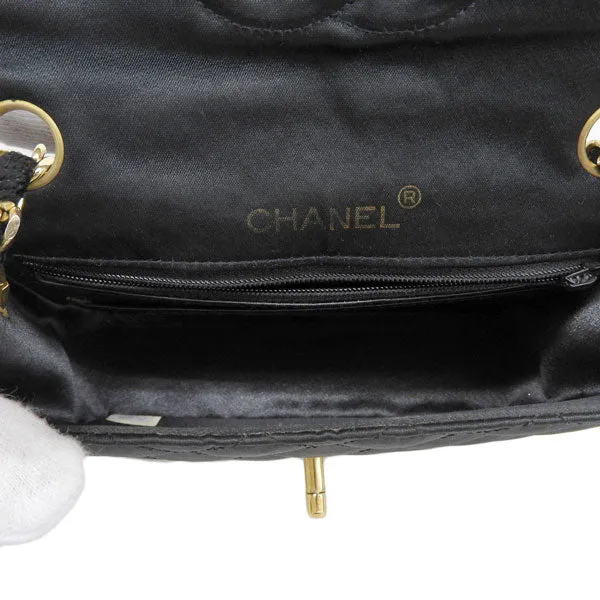 CHANEL Around 1985 Made Silk Satin Classic Flap Chain Bag Mini Black