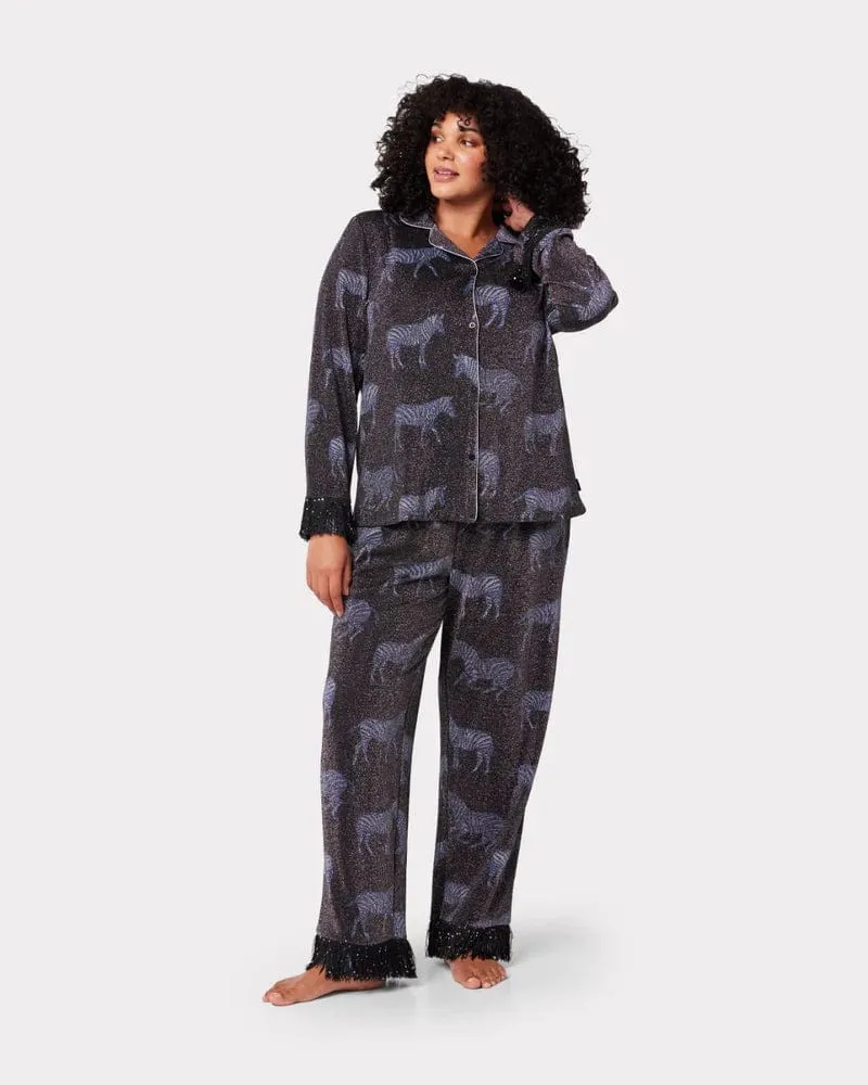 Chelsea Peers Black Sparkle Zebra Print Long Pyjama Set