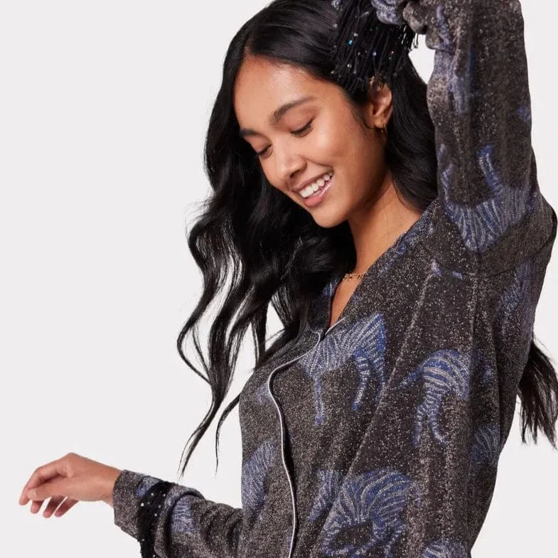 Chelsea Peers Black Sparkle Zebra Print Long Pyjama Set