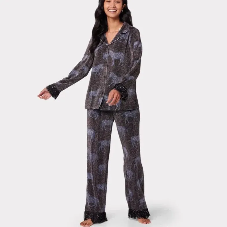Chelsea Peers Black Sparkle Zebra Print Long Pyjama Set