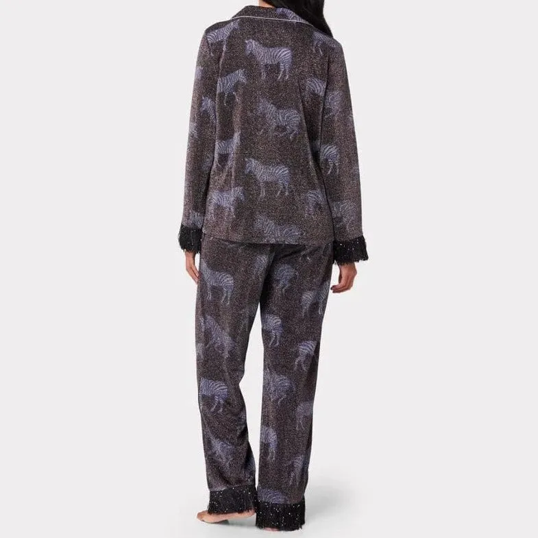 Chelsea Peers Black Sparkle Zebra Print Long Pyjama Set
