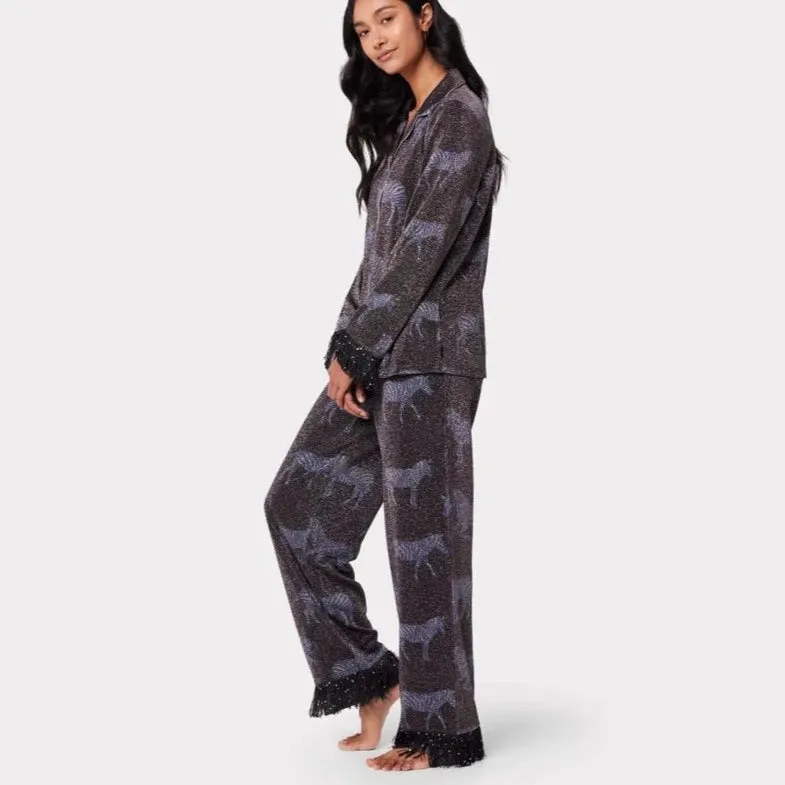 Chelsea Peers Black Sparkle Zebra Print Long Pyjama Set