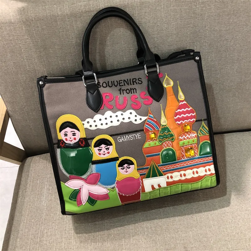 Chh Chrome Heart Leather Bag Splicing Embroidered Tote Bag