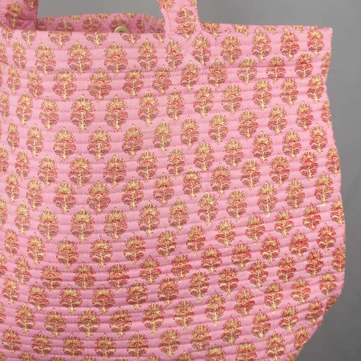 Cotton Quilted Large Shopping / Beach Bag - Baby Pink Yellow Motif