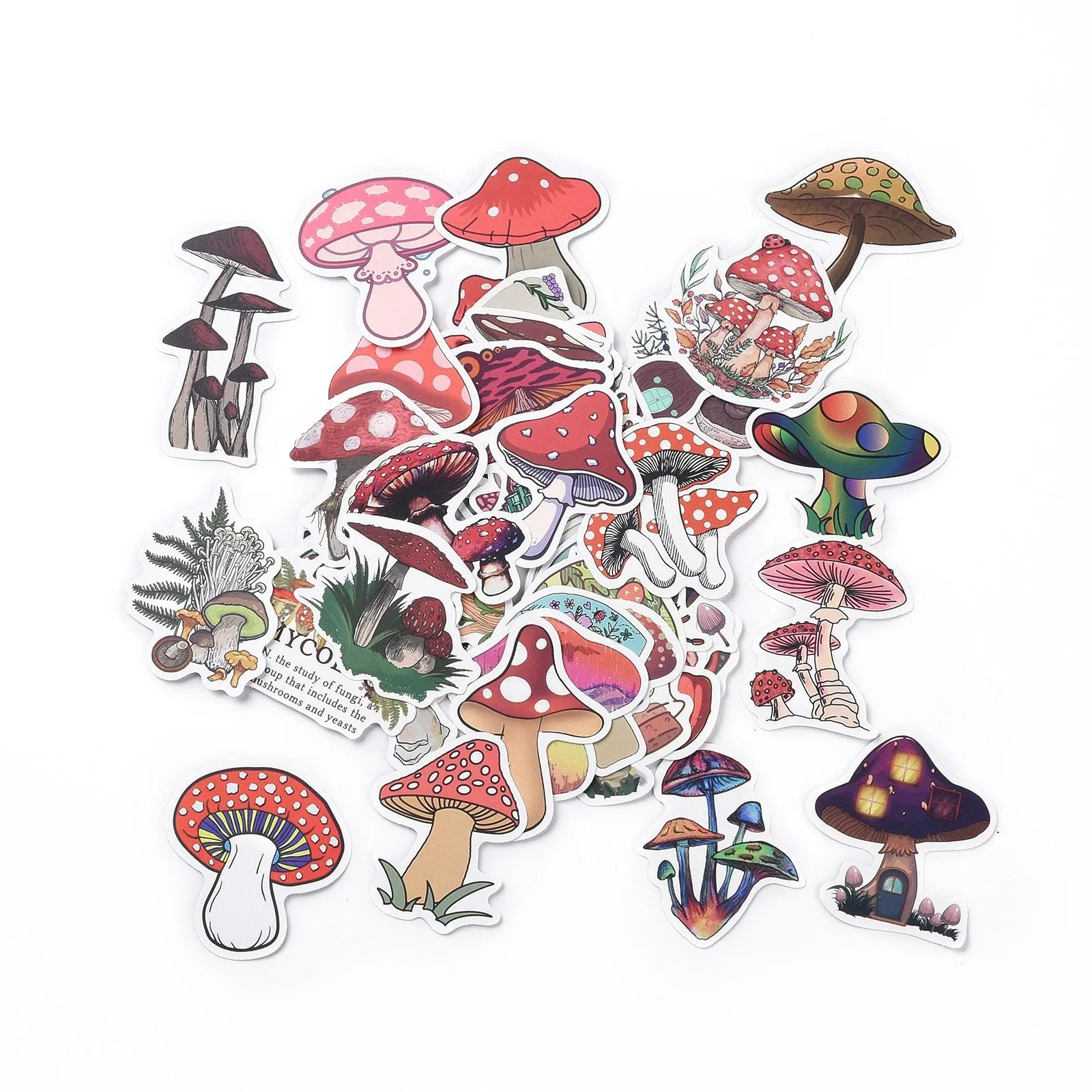 Craspire 50Pcs Cartoon Mushroom Paper Sticker Label Set, Adhesive Label Stickers, for Suitcase & Skateboard & Refigerator Decor, Pink, 56~74x29~62x0.3mm, 5bags/set
